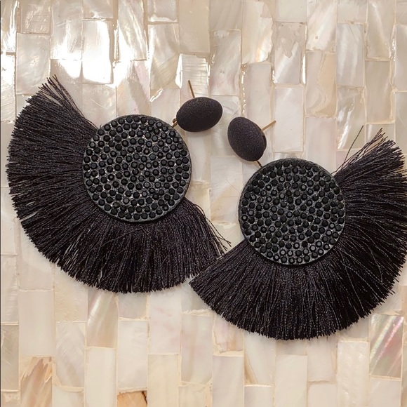 Post Drop Crystal Center Black Fan Fringe Earrings - Picture 4 of 9